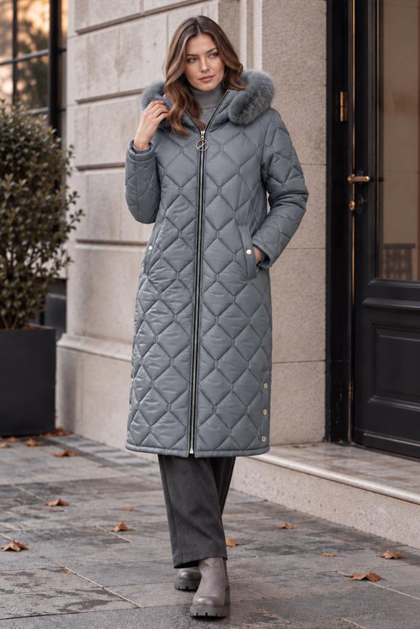 Tesettür giyim GRİ T 0105 DFL KAPÜŞONLU KAPİTONE MONT - TRENDTESETTÜR
