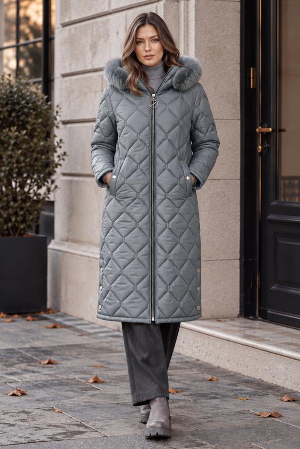 Tesettür giyim GRİ T 0105 DFL KAPÜŞONLU KAPİTONE MONT - TRENDTESETTÜR