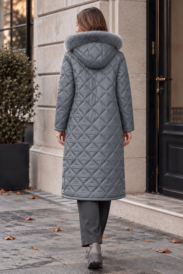 Tesettür giyim GRİ T 0105 DFL KAPÜŞONLU KAPİTONE MONT - TRENDTESETTÜR