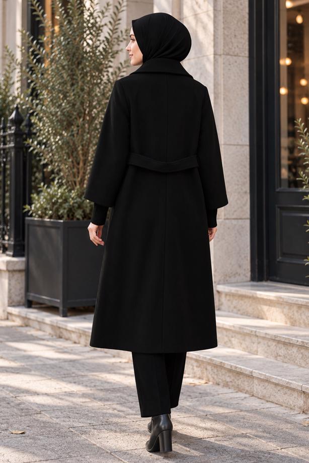 Tesettür giyim SİYAH KUŞAKLI KABAN T 0136 - TRENDTESETTÜR