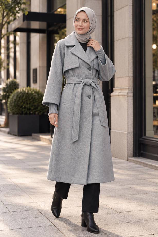 Tesettür giyim GRİ KUŞAKLI KABAN T 0136 - TRENDTESETTÜR