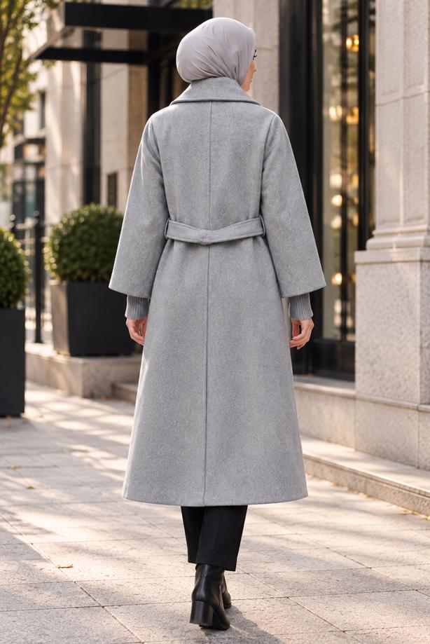 Tesettür giyim GRİ KUŞAKLI KABAN T 0136 - TRENDTESETTÜR