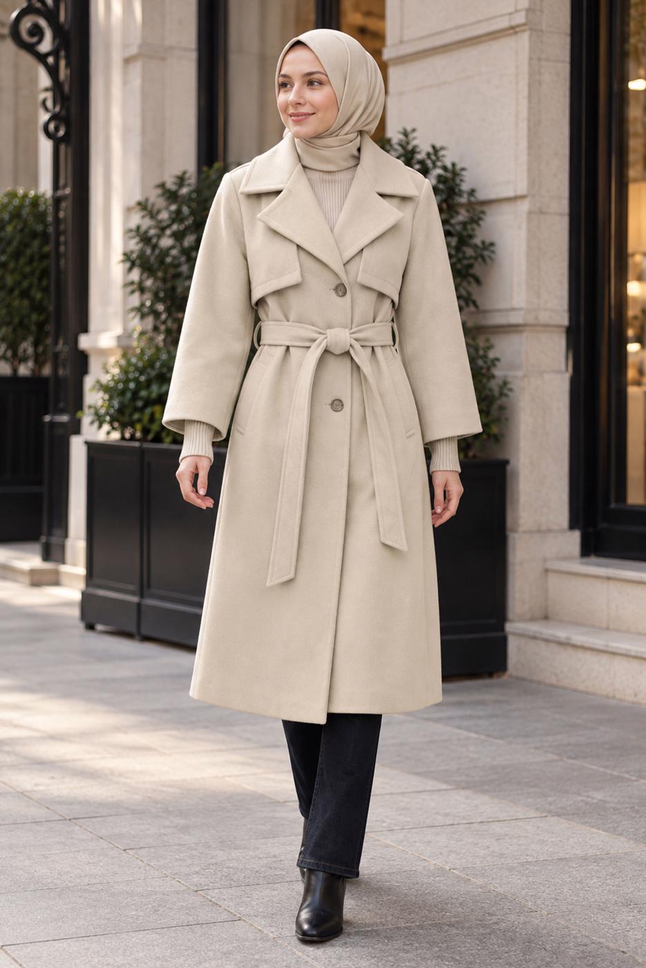 Hijab clothing BEIGE BELTED COAT T 0136