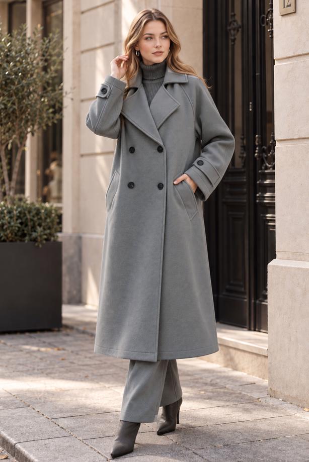Tesettür giyim GRİ KUŞAKLI KAŞE KABAN T 0205 - TRENDTESETTÜR