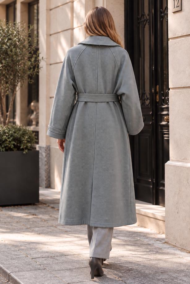 Tesettür giyim GRİ KUŞAKLI KAŞE KABAN T 0205 - TRENDTESETTÜR
