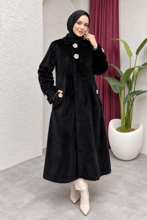 Tesettür giyim SİYAH DÜĞME DETAYLI ANGORA KABAN T 6105 - TRENDTESETTÜR