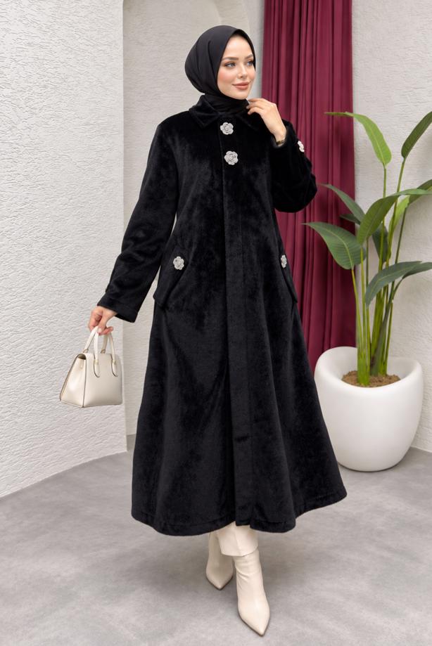 Tesettür giyim SİYAH DÜĞME DETAYLI ANGORA KABAN T 6105 - TRENDTESETTÜR