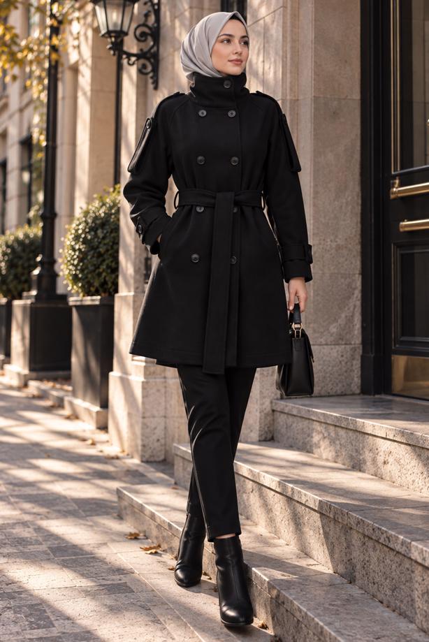 Hijab clothing BLACK BELTED CACHE COAT T 8236 - TRENDTESETTÜR
