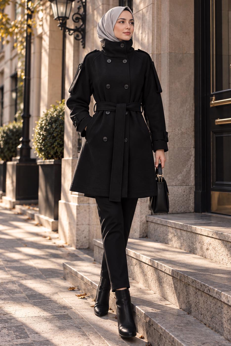Hijab clothing BLACK BELTED CACHE COAT T 8236