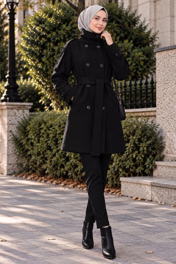 Hijab clothing BLACK BELTED CACHE COAT T 8236 - TRENDTESETTÜR