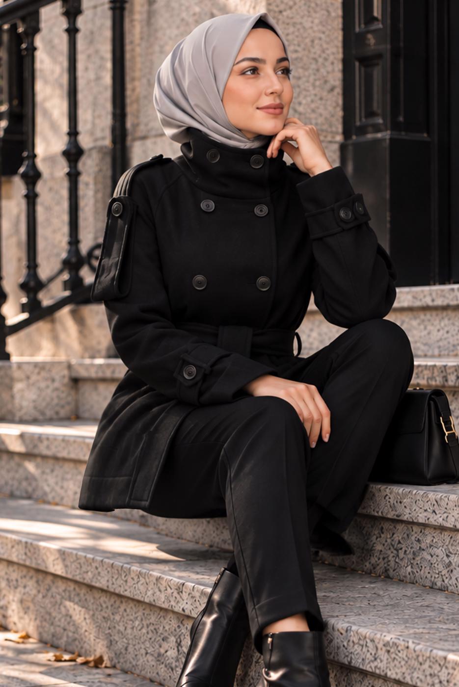 Hijab clothing BLACK BELTED CACHE COAT T 8236