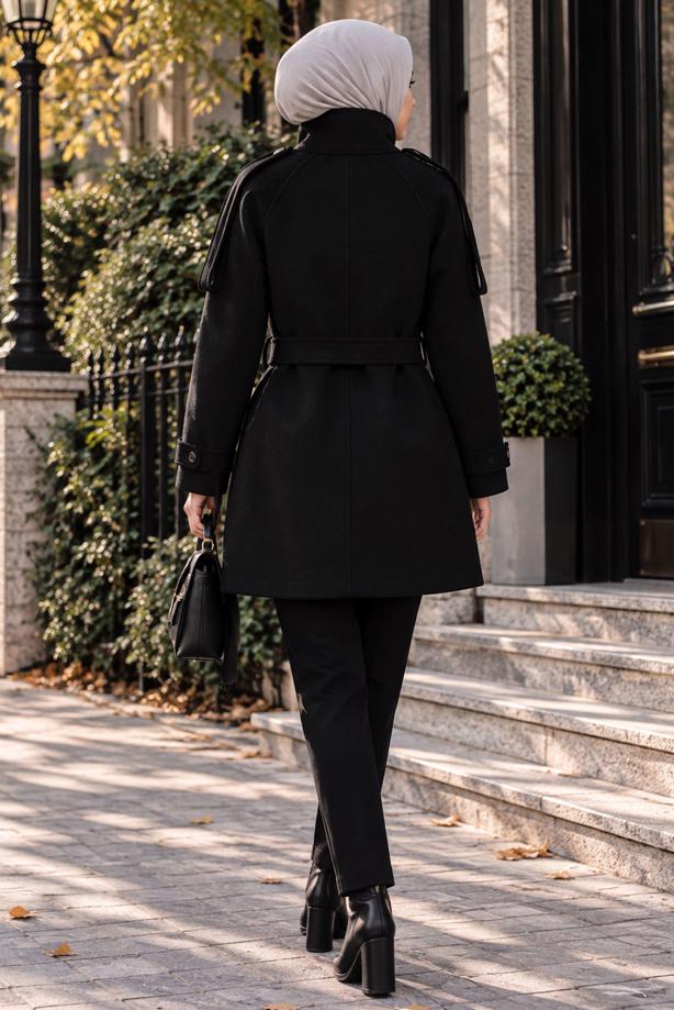 Hijab clothing BLACK BELTED CACHE COAT T 8236 - TRENDTESETTÜR