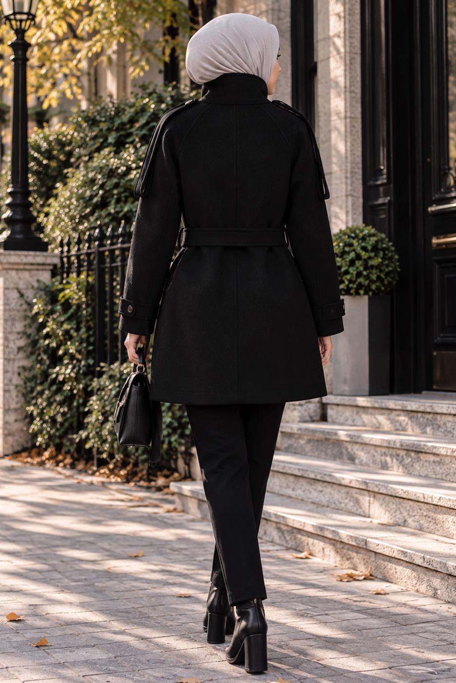 Hijab clothing BLACK BELTED CACHE COAT T 8236