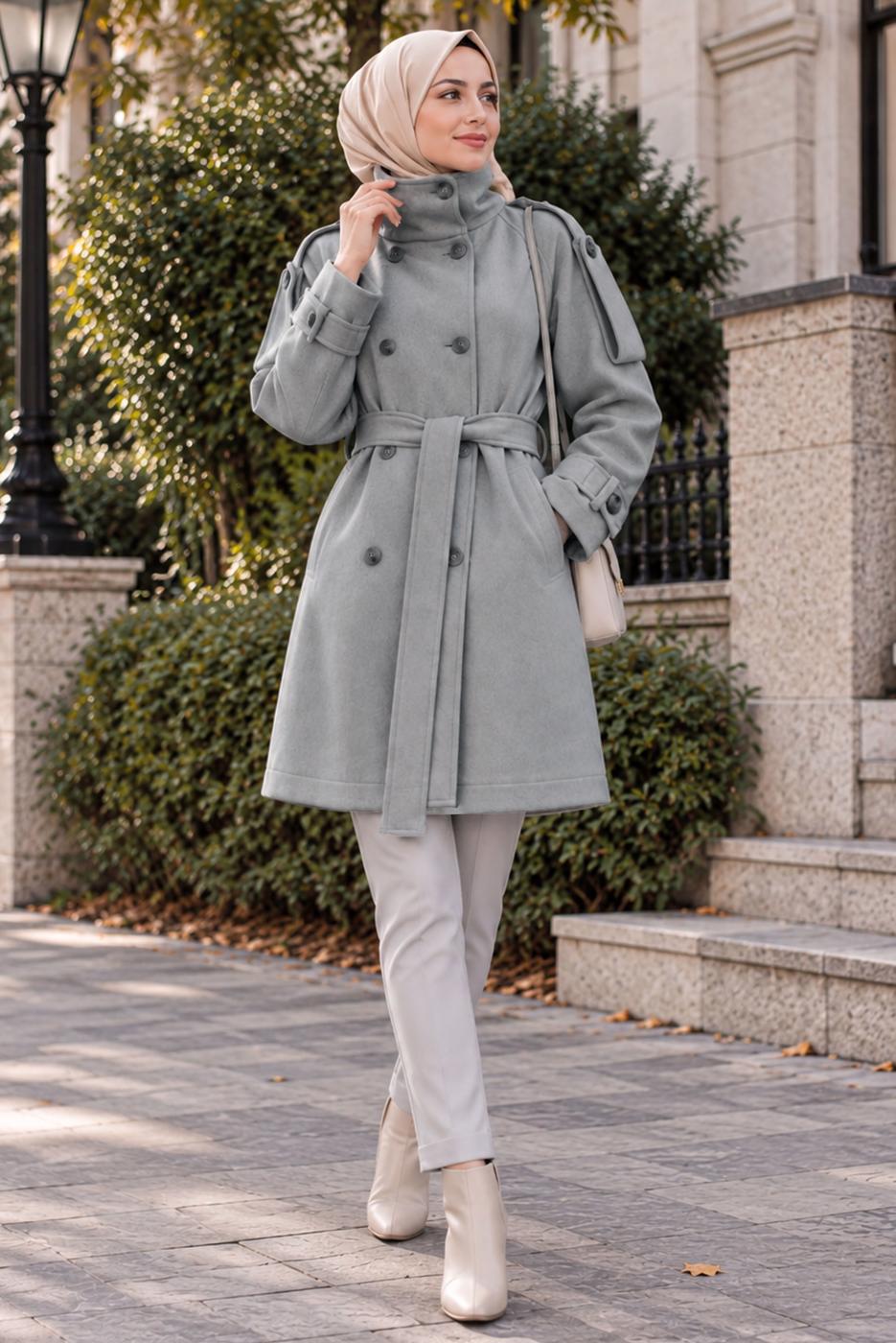 Hijab clothing GREY BELTED CACHE COAT T 8236