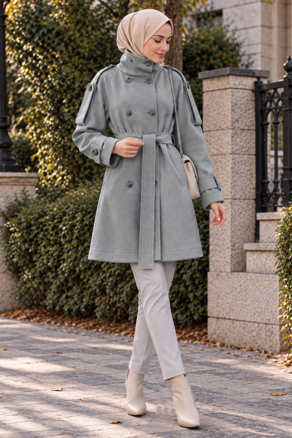 Hijab clothing GREY BELTED CACHE COAT T 8236