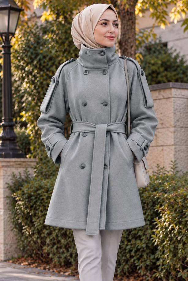 Hijab clothing GREY BELTED CACHE COAT T 8236 - TRENDTESETTÜR