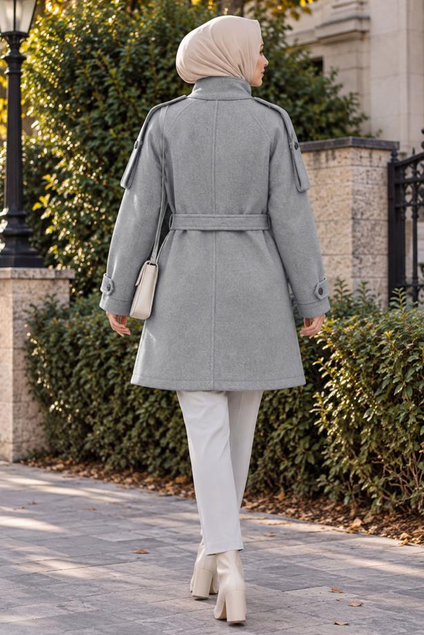 Hijab clothing GREY BELTED CACHE COAT T 8236 - TRENDTESETTÜR