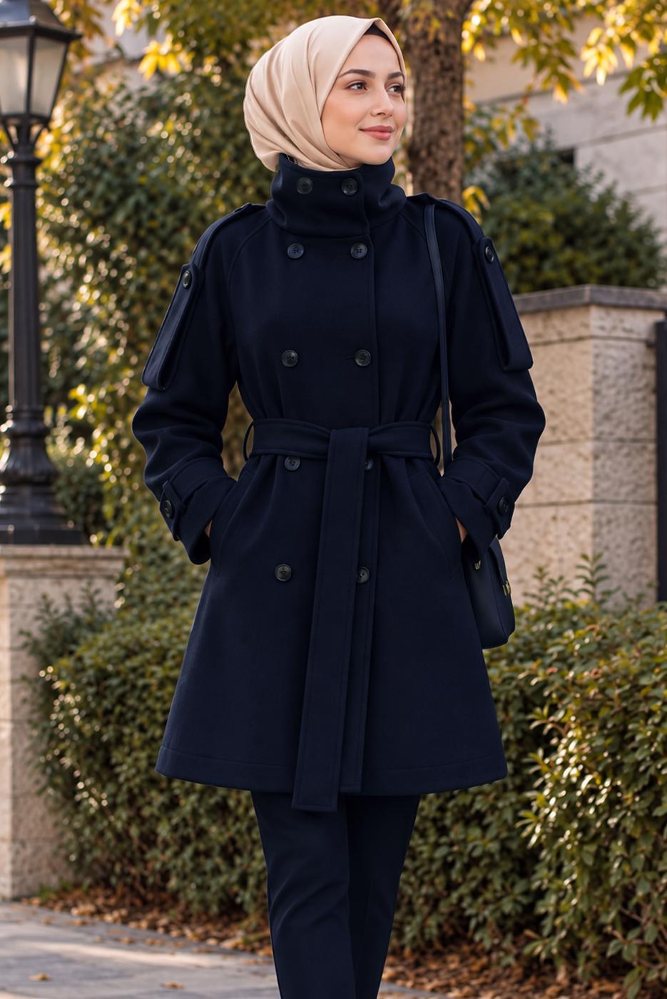 Hijab clothing NAVY BLUE BELTED CACHE COAT T 8236