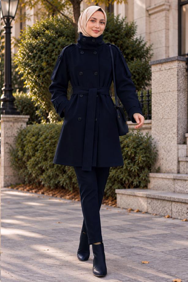 Hijab clothing NAVY BLUE BELTED CACHE COAT T 8236 - TRENDTESETTÜR