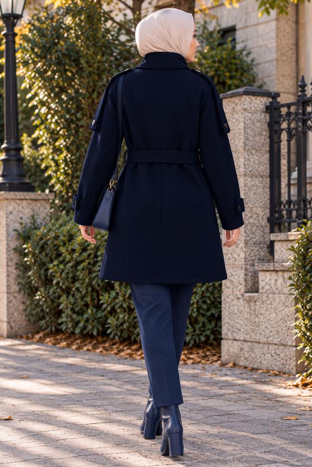 Hijab clothing NAVY BLUE BELTED CACHE COAT T 8236 - TRENDTESETTÜR