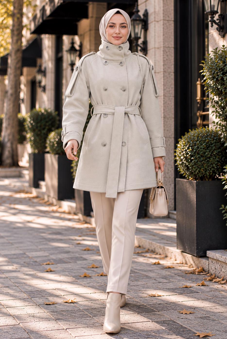 Hijab clothing BEIGE BELTED CACHE COAT T 8236