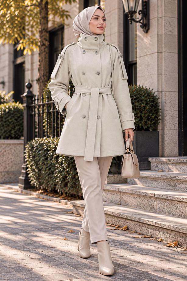 Hijab clothing BEIGE BELTED CACHE COAT T 8236 - TRENDTESETTÜR