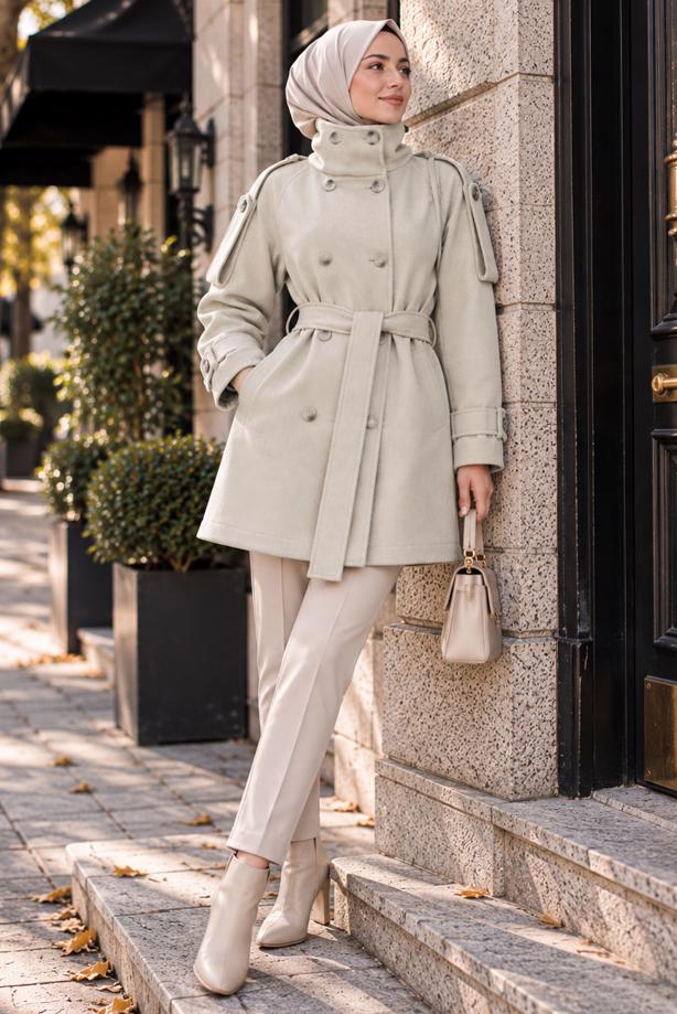 Hijab clothing BEIGE BELTED CACHE COAT T 8236 - TRENDTESETTÜR