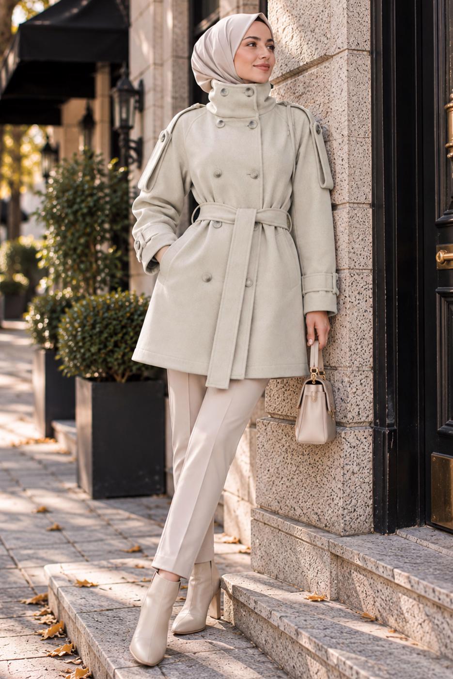 Hijab clothing BEIGE BELTED CACHE COAT T 8236