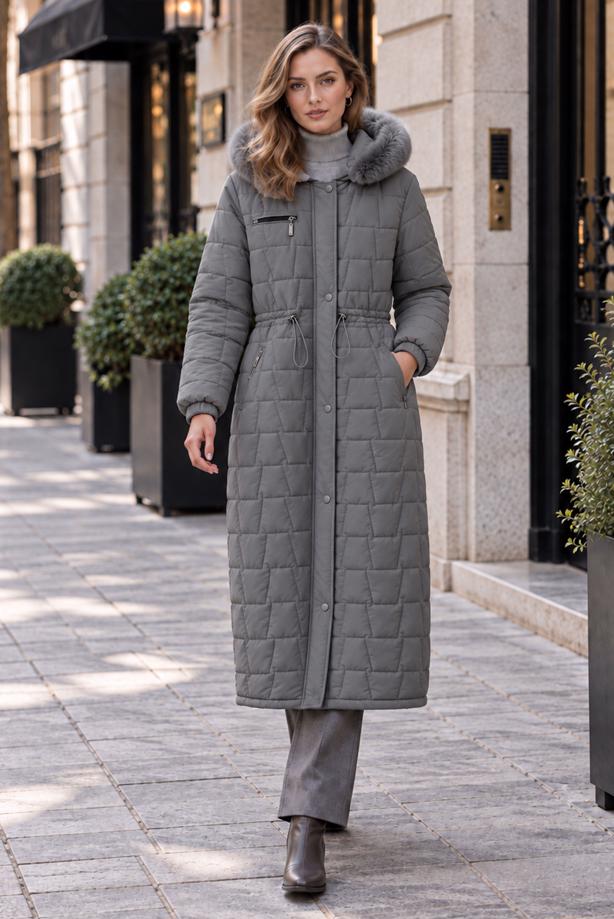 Tesettür giyim GRİ KAPİTONE ŞİŞME KABAN T 8305 - TRENDTESETTÜR