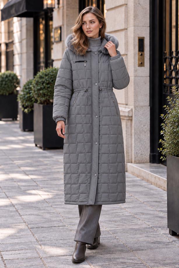 Tesettür giyim GRİ KAPİTONE ŞİŞME KABAN T 8305 - TRENDTESETTÜR