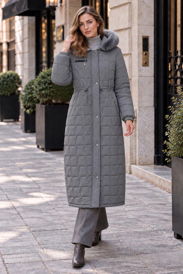 Tesettür giyim GRİ KAPİTONE ŞİŞME KABAN T 8305 - TRENDTESETTÜR