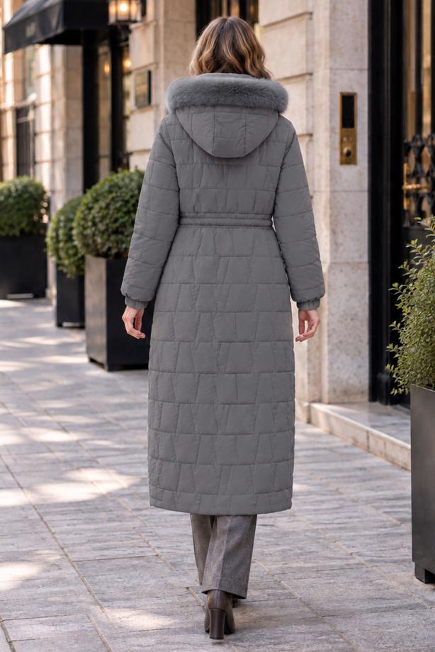 Tesettür giyim GRİ KAPİTONE ŞİŞME KABAN T 8305 - TRENDTESETTÜR