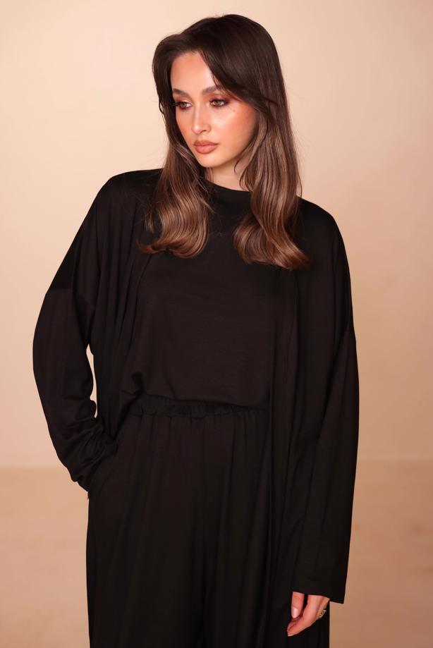 Hijab clothing BLACK VISCOSE THREE PIECE PANTSUIT T 1428 - TRENDTESETTÜR