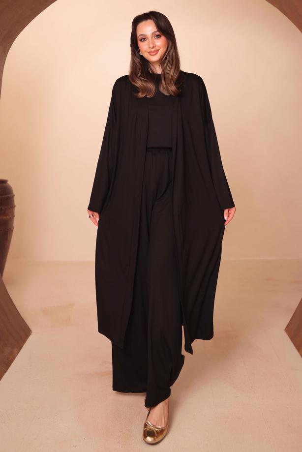 Hijab clothing BLACK VISCOSE THREE PIECE PANTSUIT T 1428 - TRENDTESETTÜR