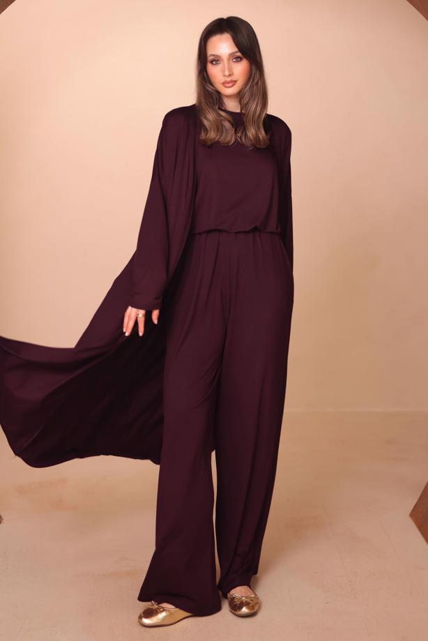 Hijab clothing CLARET RED VISCOSE THREE PIECE PANTSUIT T 1428 - TRENDTESETTÜR