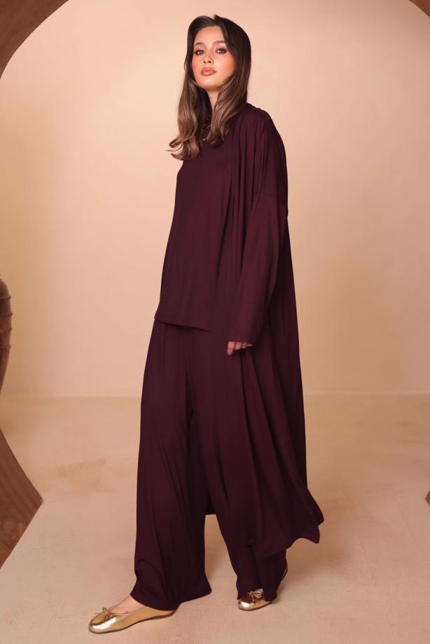 Hijab clothing CLARET RED VISCOSE THREE PIECE PANTSUIT T 1428 - TRENDTESETTÜR