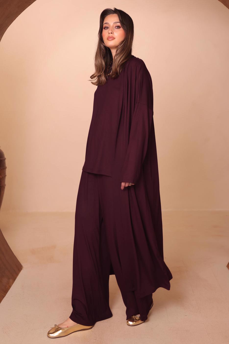 Hijab clothing CLARET RED VISCOSE THREE PIECE PANTSUIT T 1428