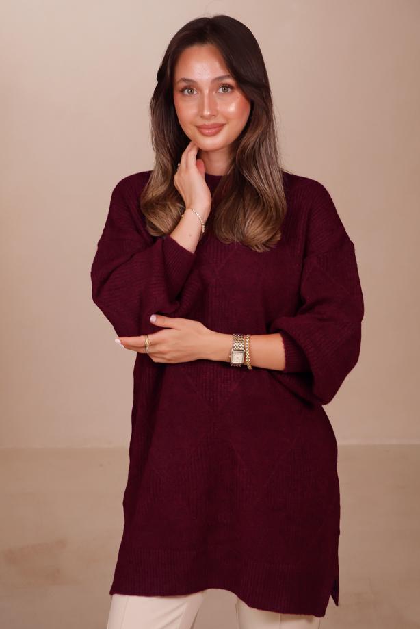 Tesettür giyim BORDO TRİKO TUNİK T 6558 - TRENDTESETTÜR