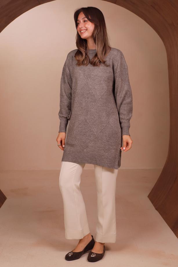 Tesettür giyim VİZON TRİKO TUNİK T 6558 - TRENDTESETTÜR
