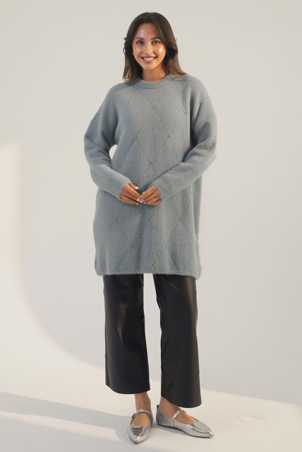 Tesettür giyim GRİ TAŞ İŞLEMELİ TRİKO TUNİK T 7958 - TRENDTESETTÜR