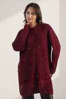 Tesettür giyim BORDO TAŞ İŞLEMELİ TRİKO TUNİK T 7958