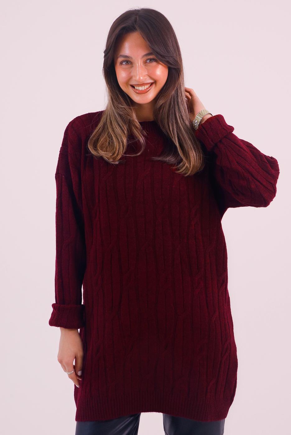 Hijab clothing CLARET RED CABLE KNIT KNITWEAR TUNIC T 9558