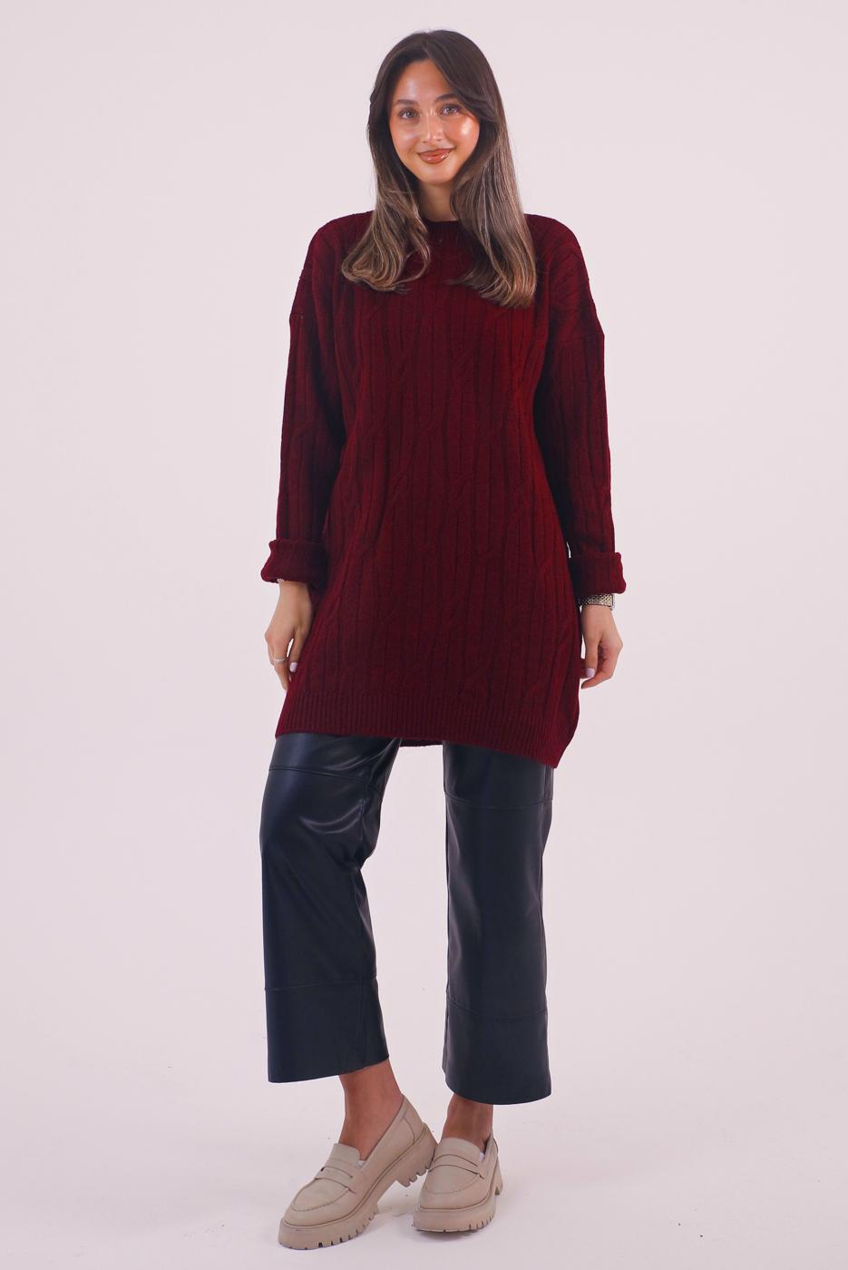 Hijab clothing CLARET RED CABLE KNIT KNITWEAR TUNIC T 9558