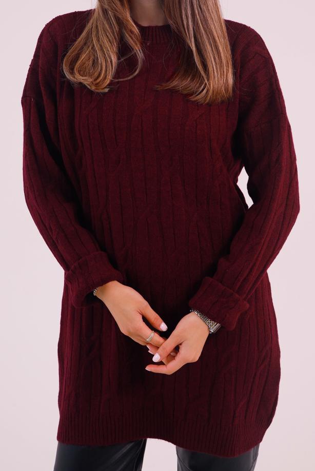 Hijab clothing CLARET RED CABLE KNIT KNITWEAR TUNIC T 9558 - TRENDTESETTÜR