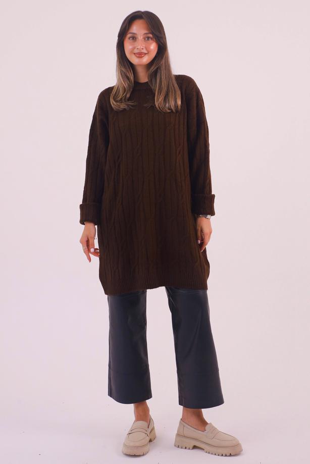 Hijab clothing BROWN CABLE KNIT KNITWEAR TUNIC T 9558 - TRENDTESETTÜR