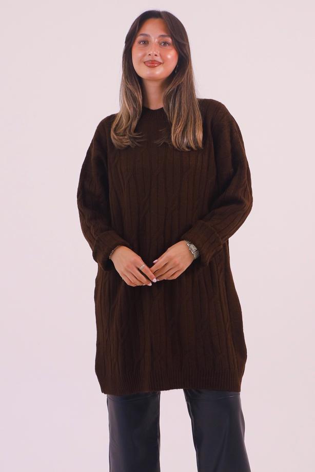Hijab clothing BROWN CABLE KNIT KNITWEAR TUNIC T 9558 - TRENDTESETTÜR