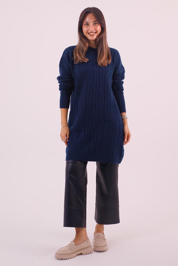 Hijab clothing NAVY BLUE CABLE KNIT KNITWEAR TUNIC T 9558 - TRENDTESETTÜR
