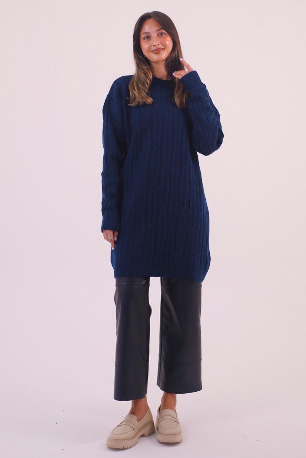Hijab clothing NAVY BLUE CABLE KNIT KNITWEAR TUNIC T 9558 - TRENDTESETTÜR