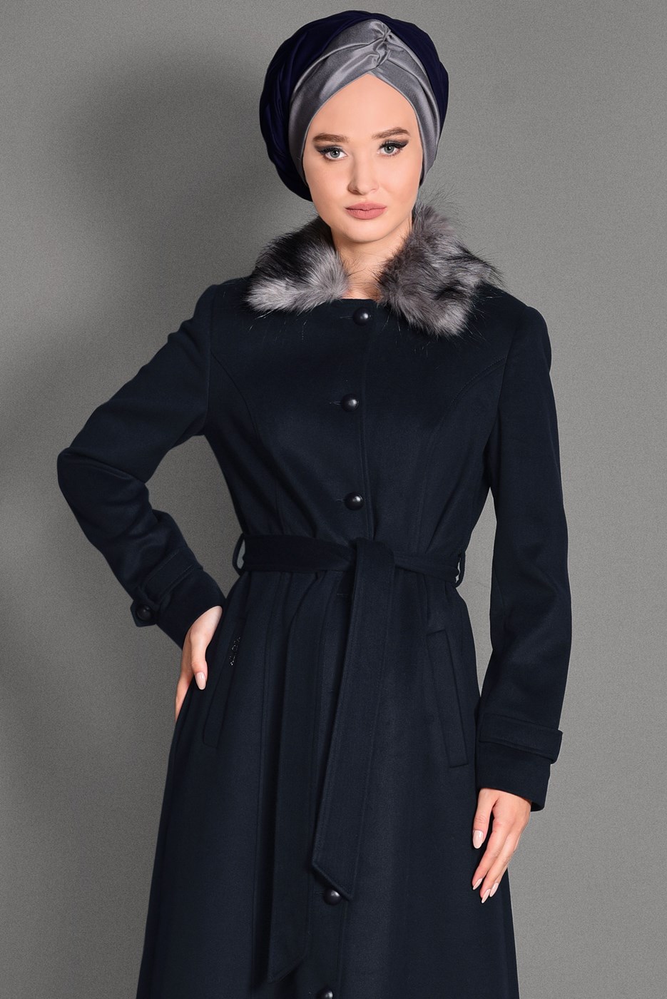 Hijab clothing NAVY BLUE BUTTONED FAUX-FUR COLLAR COAT 9749 