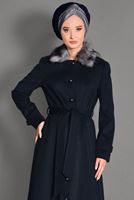 Hijab clothing NAVY BLUE BUTTONED FAUX-FUR COLLAR COAT 9749 